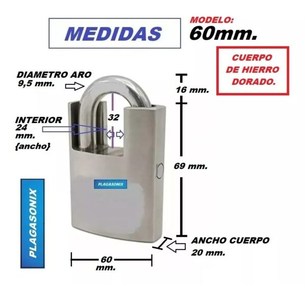 Candado Blindado 60mm 4 Llaves D/t. Hierro Dorado 6 Unidades - Image 2