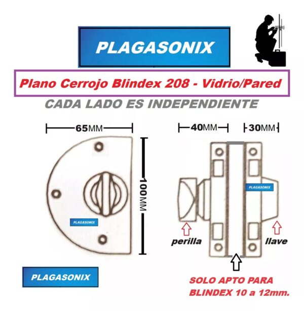 Cerrojo Cerradura Puerta Blindex A Pared B-208 Perilla Llave - Image 2