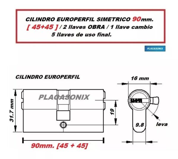 Cilindro Europerfil 90mm. 45/45 Simetrico Leva Llaves Obra - Image 2