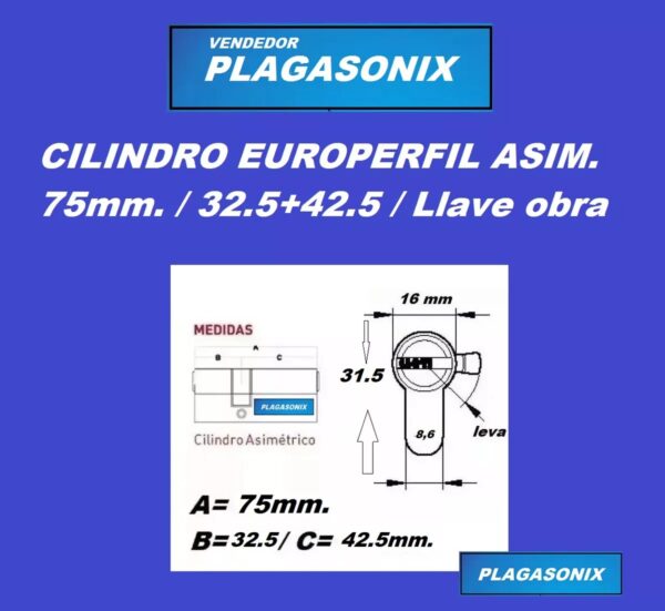 Cilindro Europerfil 75mm. 32.5 + 42.5 Dorado Llave Obra Leva - Image 2