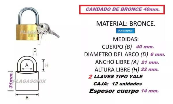 Candados De Bronce 40mm Mayorista 12 Unid. 2 Llaves Premium - Image 2