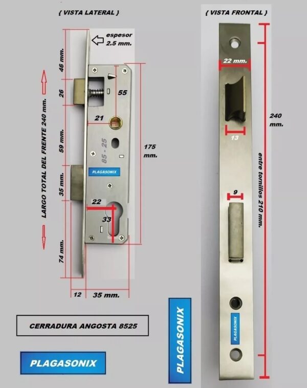 Cerradura Angosta Para Europerfil Sin Cilindro 8525 - Image 2