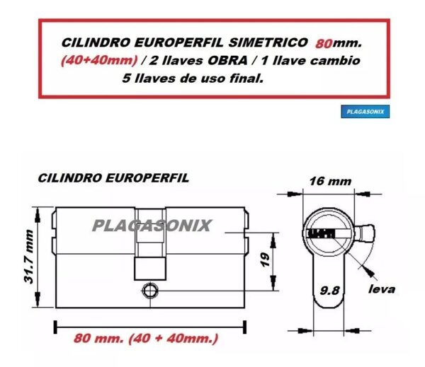 Cilindro Europerfil 80mm 40/40 Simetrico Leva Llaves Obra - Image 2