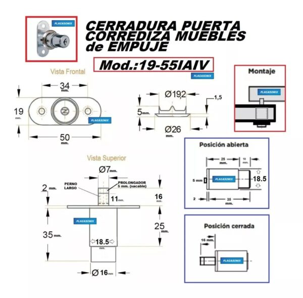 Cerradura Mueble De Empuje Corrediza Kit 10 Unid Perno Largo - Image 2