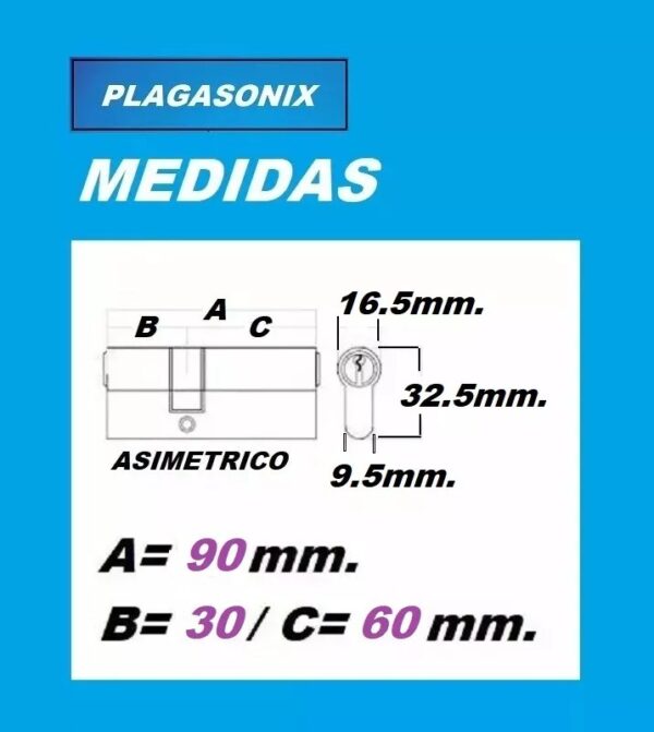 Cilindro Europerfil 90mm Asimetrico 30/60 Leva 3 Llaves Yale - Image 2