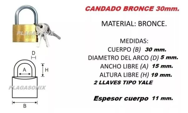 Candados Bronce 30mm Mayorista 6 Unidades Pesados 2 Llaves - Image 2