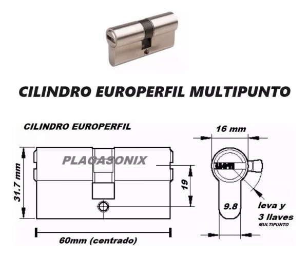 Cilindro Europerfil 60mm Simetrico Leva 3 Llaves Computado platil - Image 2