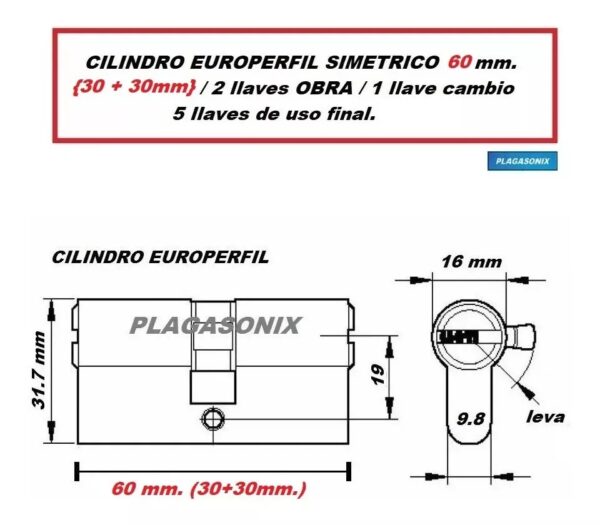 Cilindro Europerfil 60mm 30/30 Simetrico Leva Llaves Obra - Image 2
