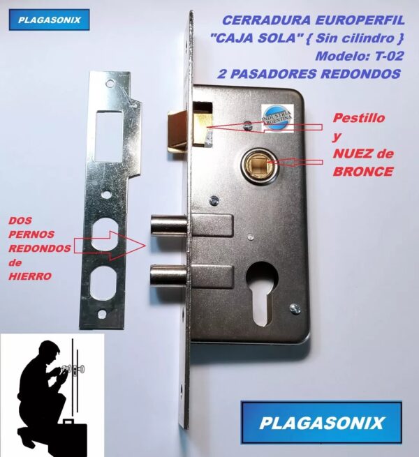 Cerradura Europerfil Sin Cilindro T-02 Pasadores 2 Pernos - Image 3