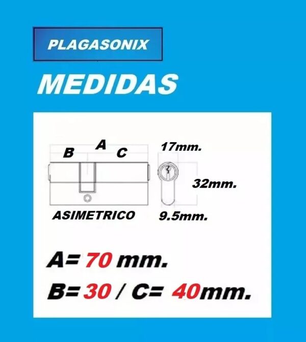 Cilindro Europerfil 70mm Asimetrico 30/40 Leva 3 Llaves Yale - Image 2