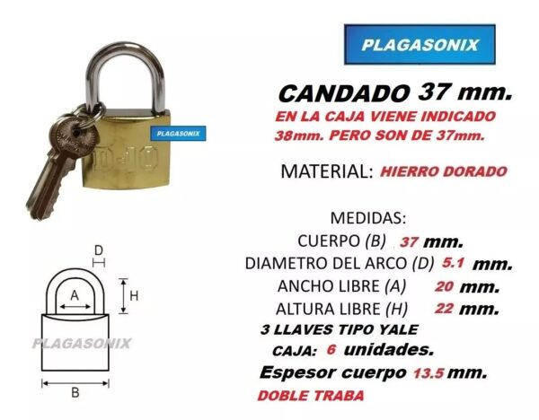 Candado Hierro Dorado Pesado 37mm Caja X 6 Unid Plagasonix - Image 2