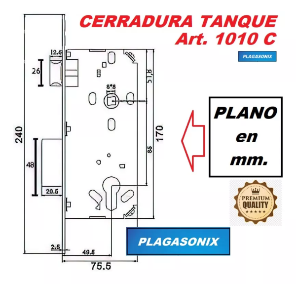 Cerradura Tanque 1010 Cilindro 30+30 Pasador Rectangular - Image 2