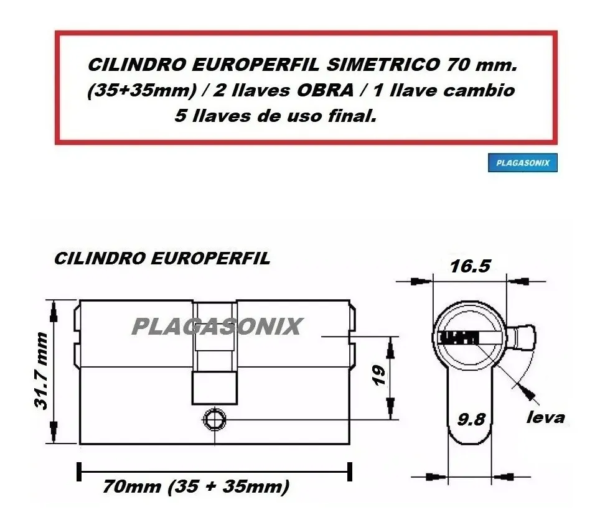 Cilindro Europerfil 70mm 35/35 Simetrico Leva Llaves Obra - Image 2