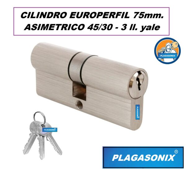 CILINDRO EUROPERFIL 75mm. 30/45 ASIMETRICO 3 llaves tipo YALE