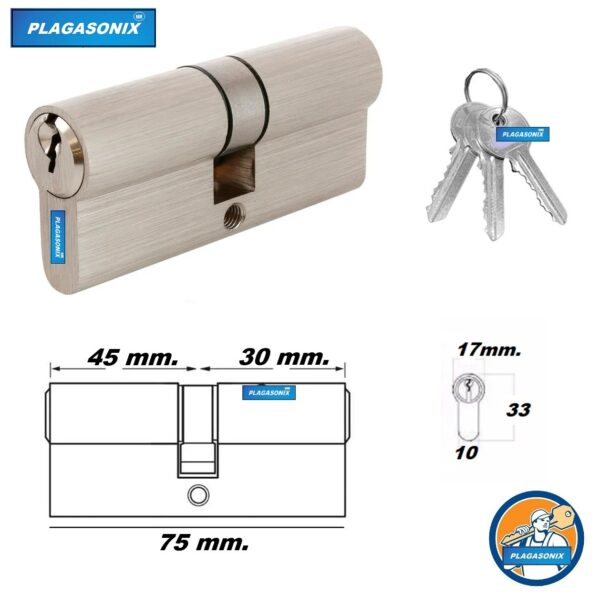 CILINDRO EUROPERFIL 75mm. 30/45 ASIMETRICO 3 llaves tipo YALE - Image 2