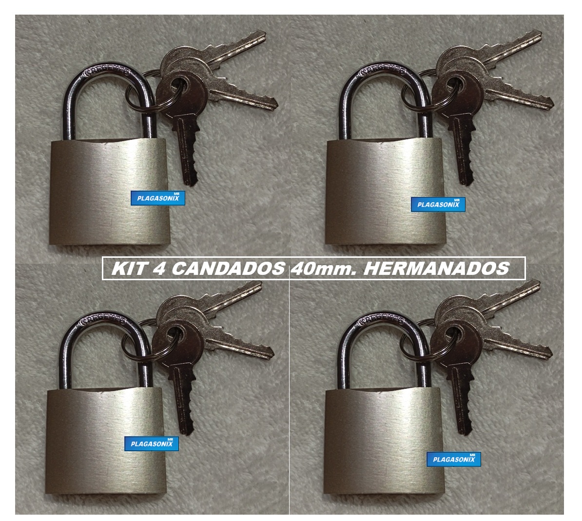 KIT 4 Candados Hermanados 40mm HIERRO PINTADO PLATEADO.