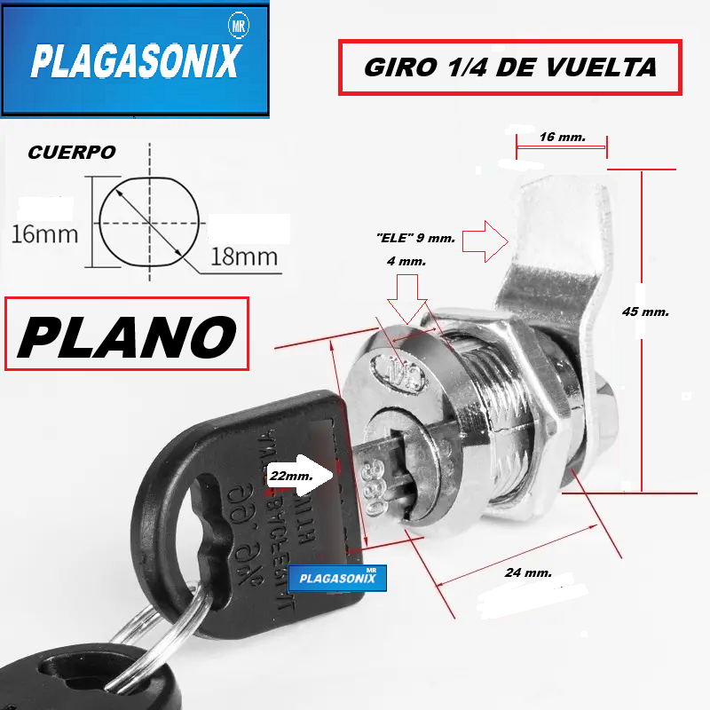 CERRADURA LEVA "L" ROSCA 20mm DE LARGO 18mm DE DIAMETRO 2 LLAVES - Imagen 2