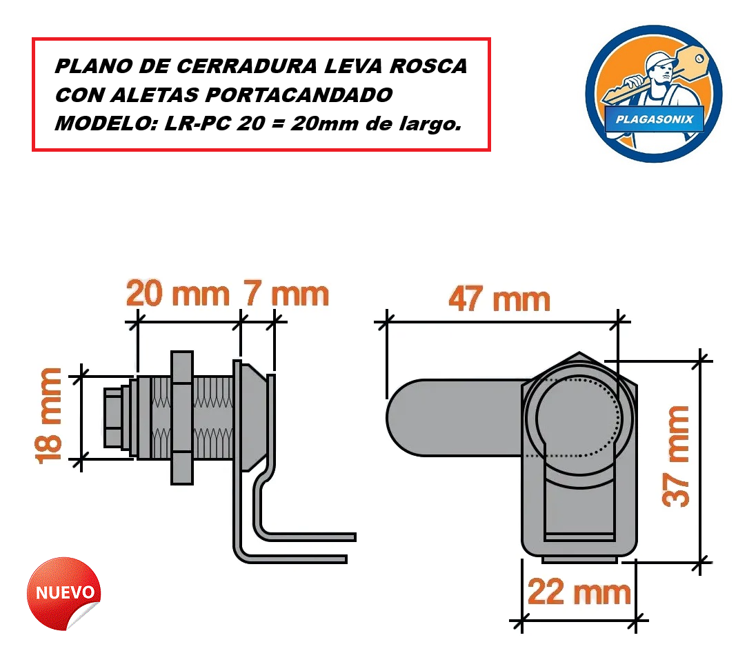 CERRADURA LEVA ROSCA CON ALETAS PORTACANDADO PLAGASONIX 20 o 30mm. - Imagen 2