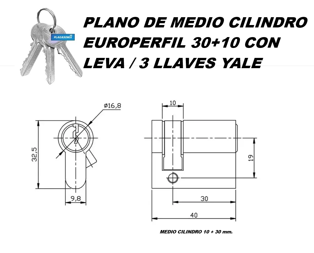 Medio Cilindro Europerfil 30+10 Con Leva 3 Llaves Yale Psx - Imagen 2